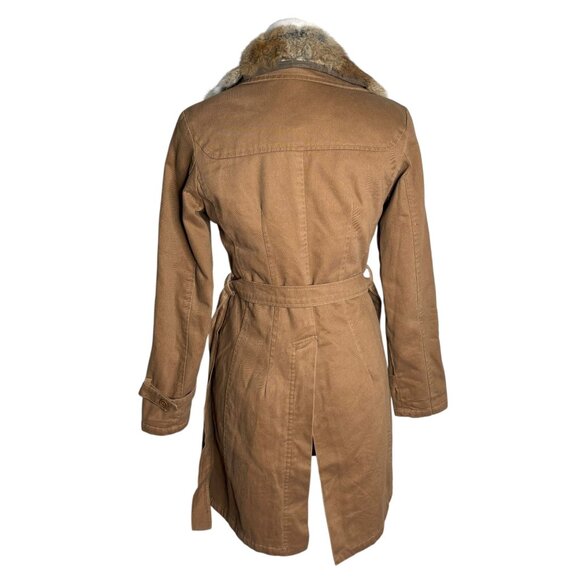 Belted Trench Coat Removable Rabbit Fur Collar Small Tan Pockets Lined Buttons - Picture 5 of 11